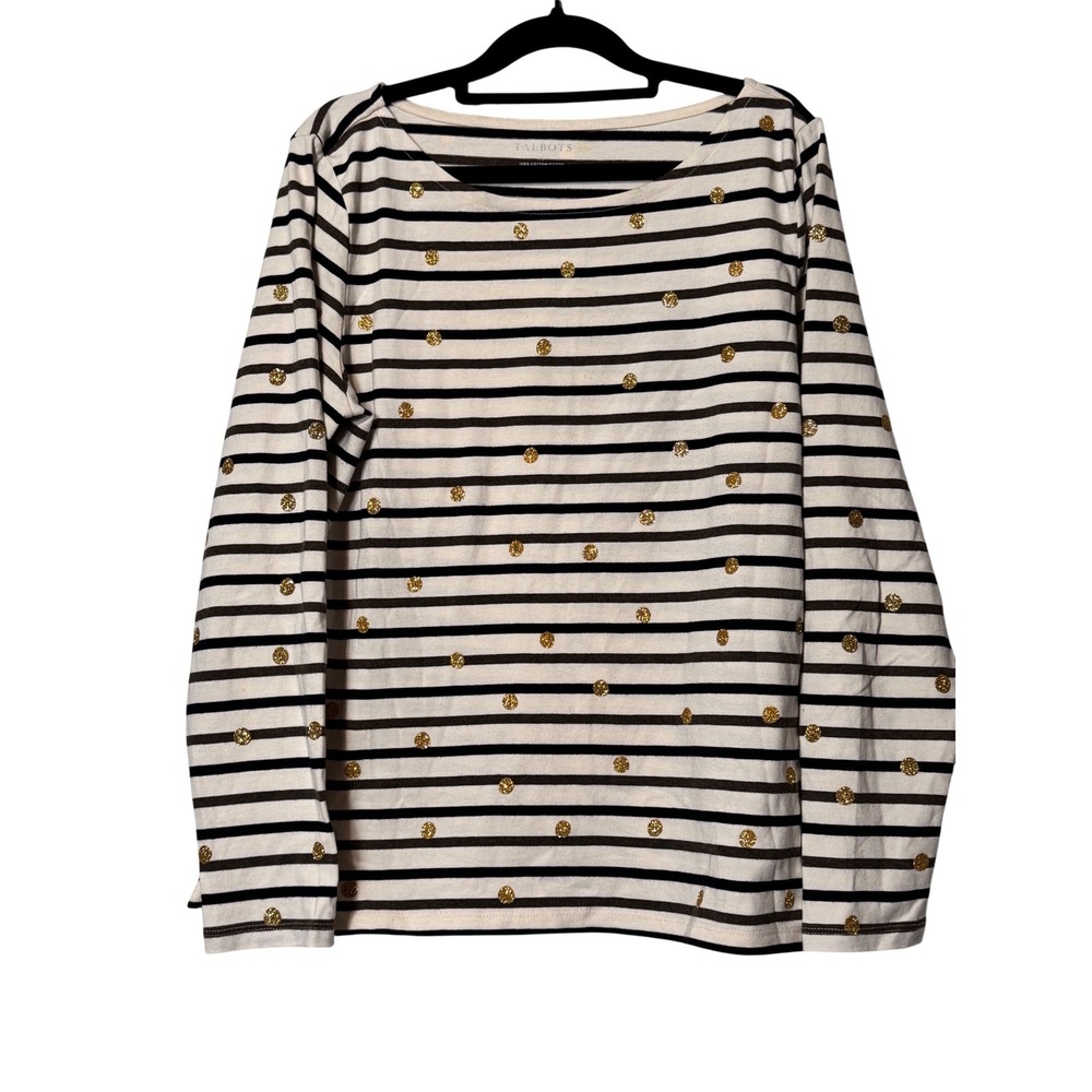 Talbots Womens Striped Long Sleeve Top Glitter‎ Dot Boat Neck Casual M